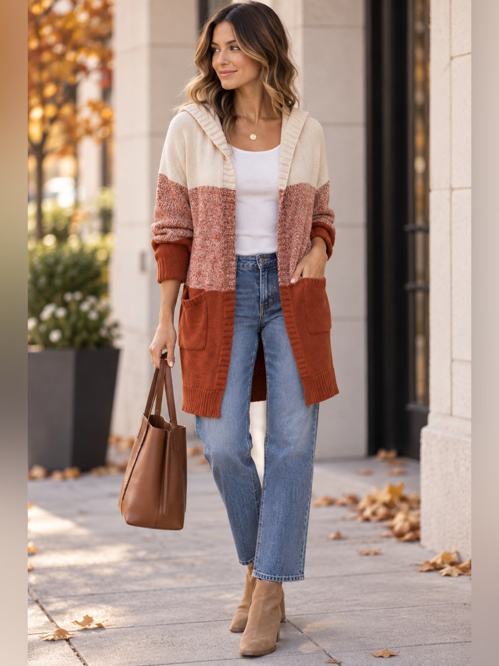 Tahari Hooded Colorblock Cardigan XS Cream Rust Open Front Knit Sweater